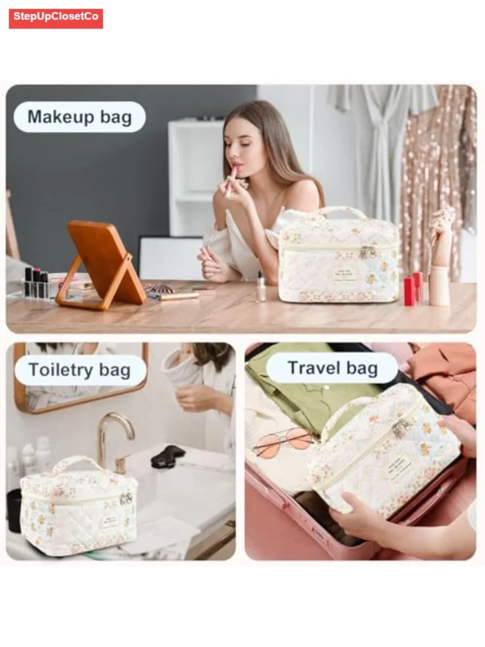Large Quilted Floral Makeup Bag Cosmetic Organizer Puffy Travel Toiletry Pouch
